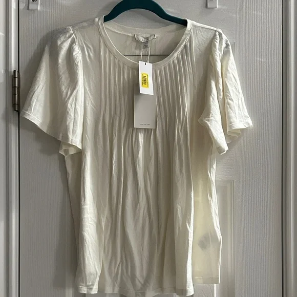 Joie Women's White Porcelain Short Sleeve Round Neck Pleated Pintuck Top Small - Picture 2 of 8